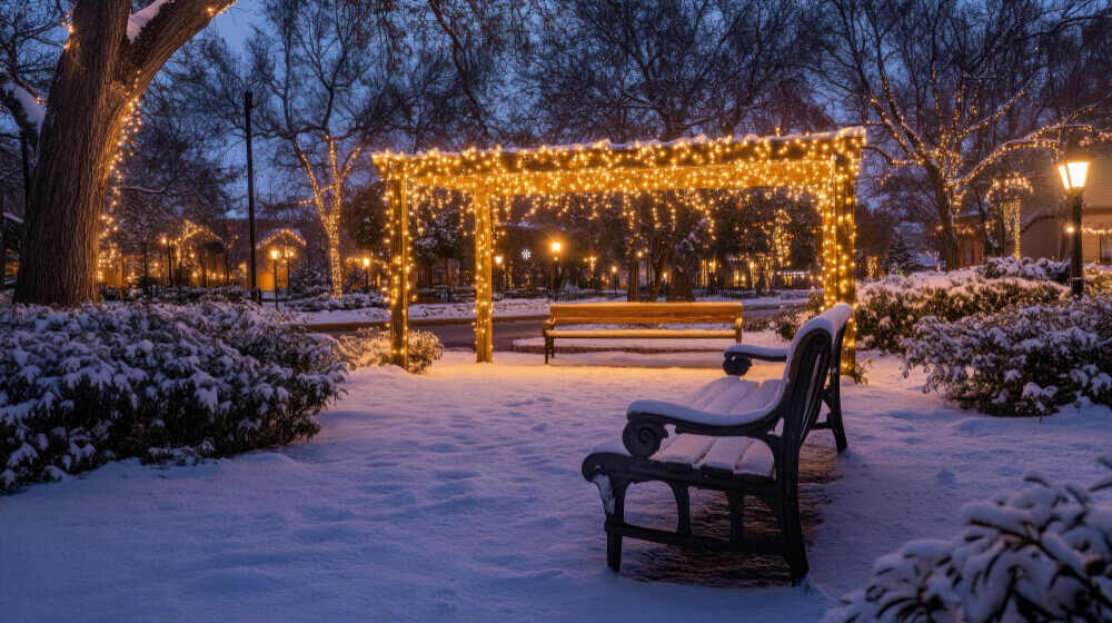 Снежная скамейка под освещенной перголой