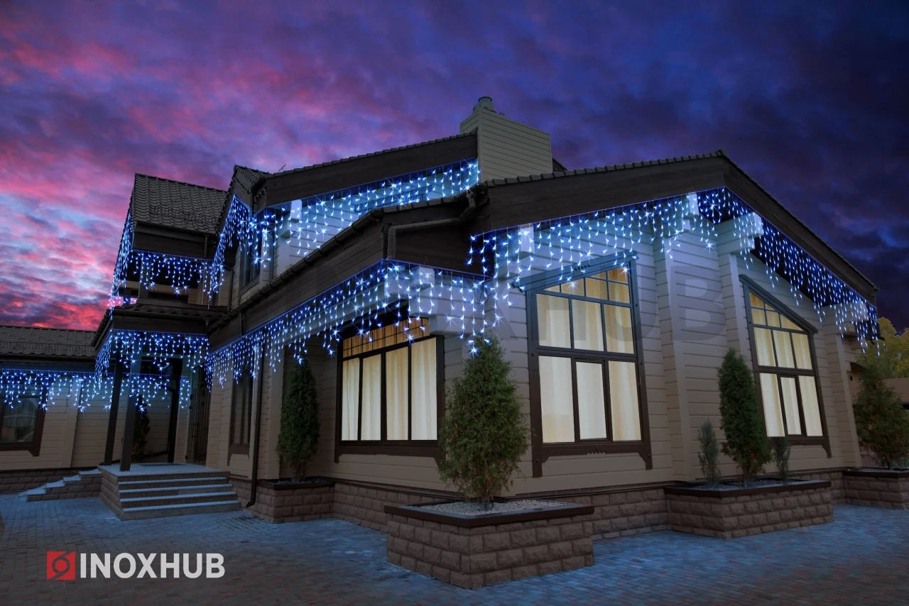 Гирлянда Бахрома INOXHUB 3×0.9м, 144 LED, 220В, IP65, прозрачный провод, СИНЯЯ фото Иноксхаб