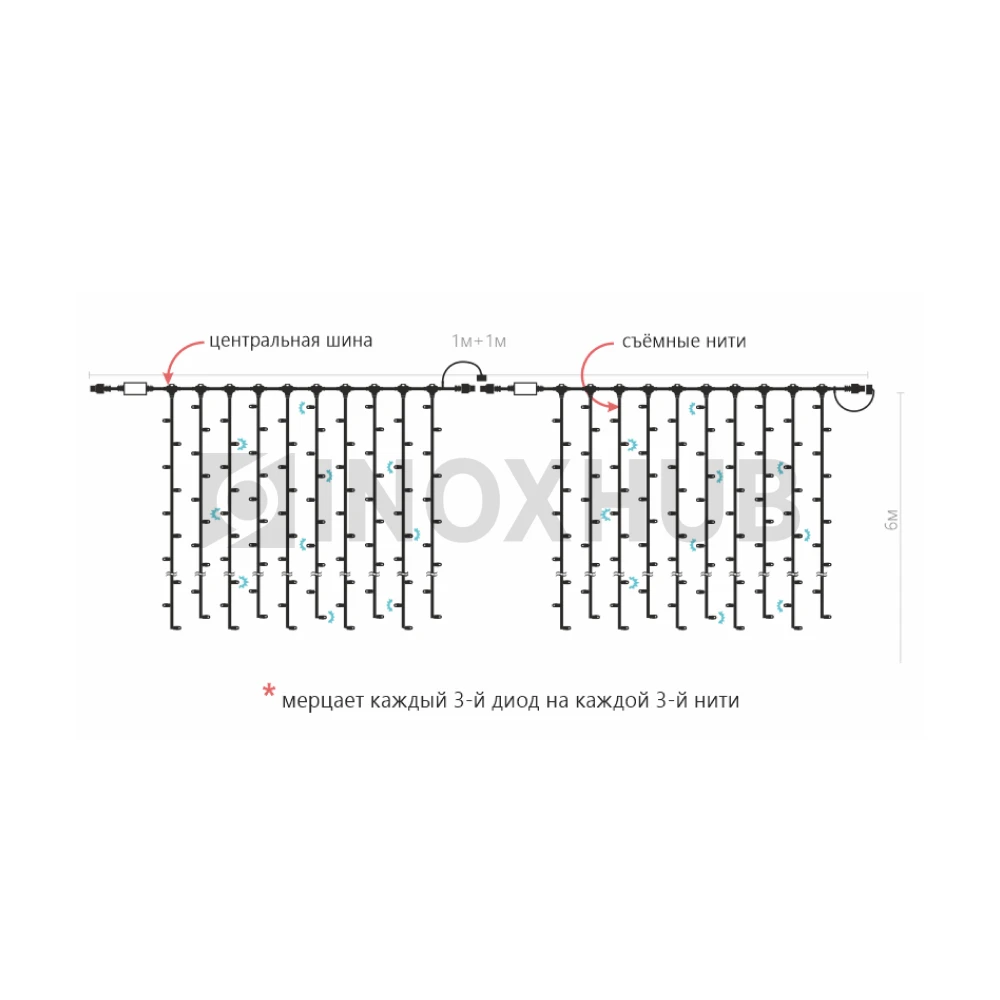 Гирлянда Занавес INOXHUB 2×6м, мерцающий, 1000 LED, 220В, IP65, белая резина 2.3мм, ТЕПЛЫЙ БЕЛЫЙ фото Иноксхаб