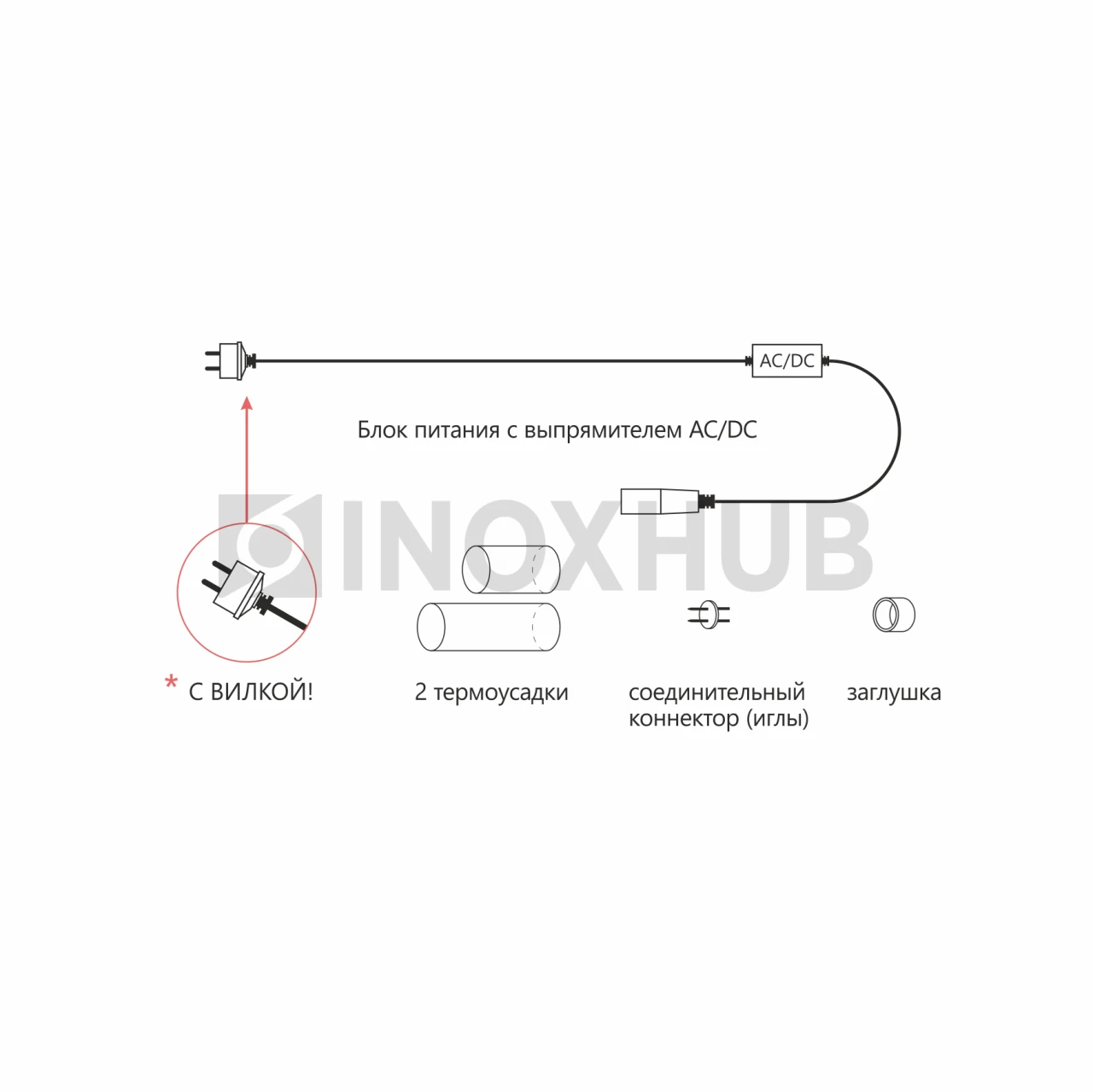 Комплект подключения (5 составляющих) для дюралайта INH-L01-DL-2WH-100-240, с блоком питания 1.5А, до 100 метров, ЧЁРНЫЙ провод фото Иноксхаб