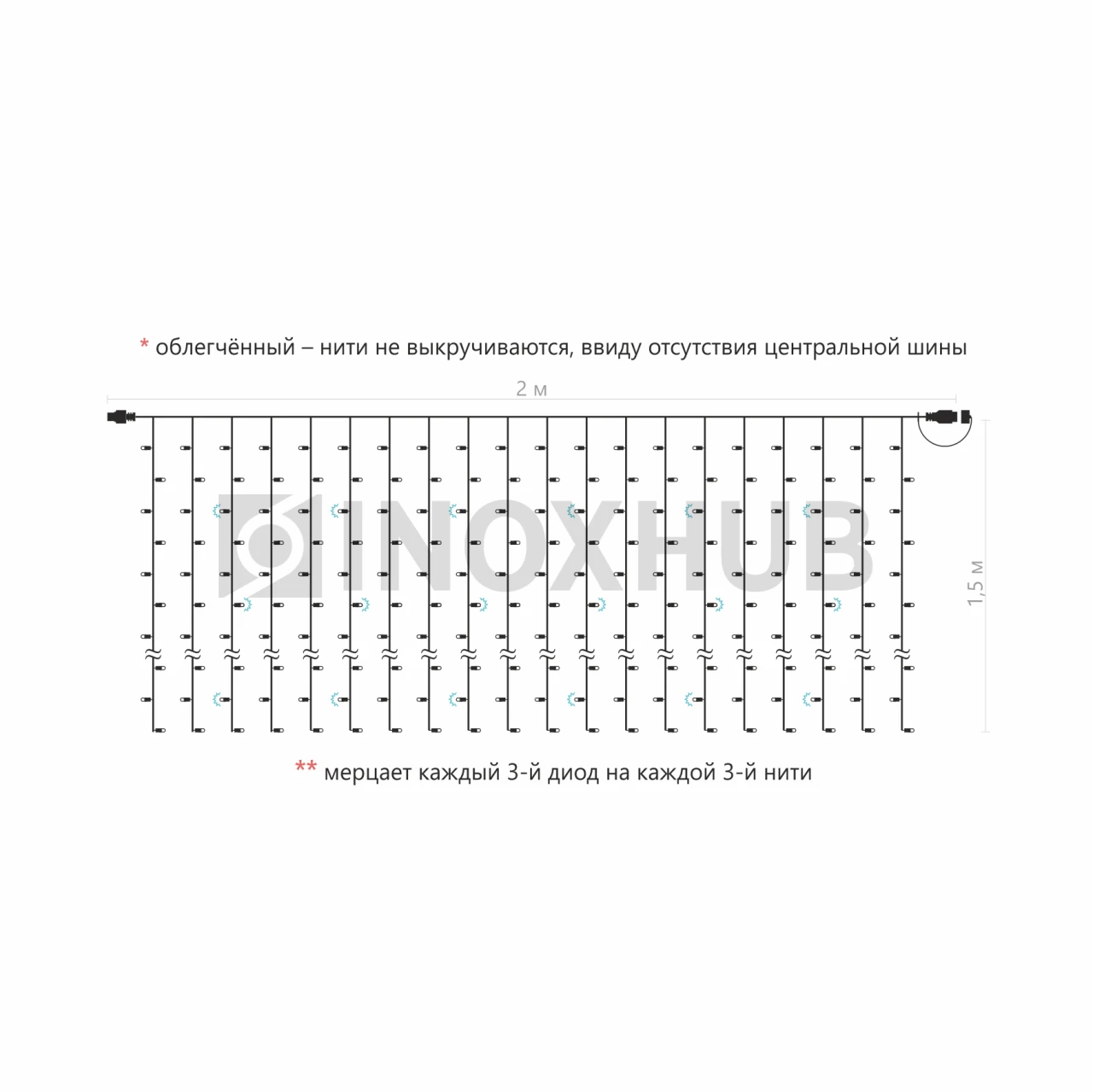 Гирлянда Занавес INOXHUB 2×1.5м Облегчённый, мерцающий, 300 LED, 220В, IP65, прозрачный провод, ТЁПЛЫЙ БЕЛЫЙ фото Иноксхаб