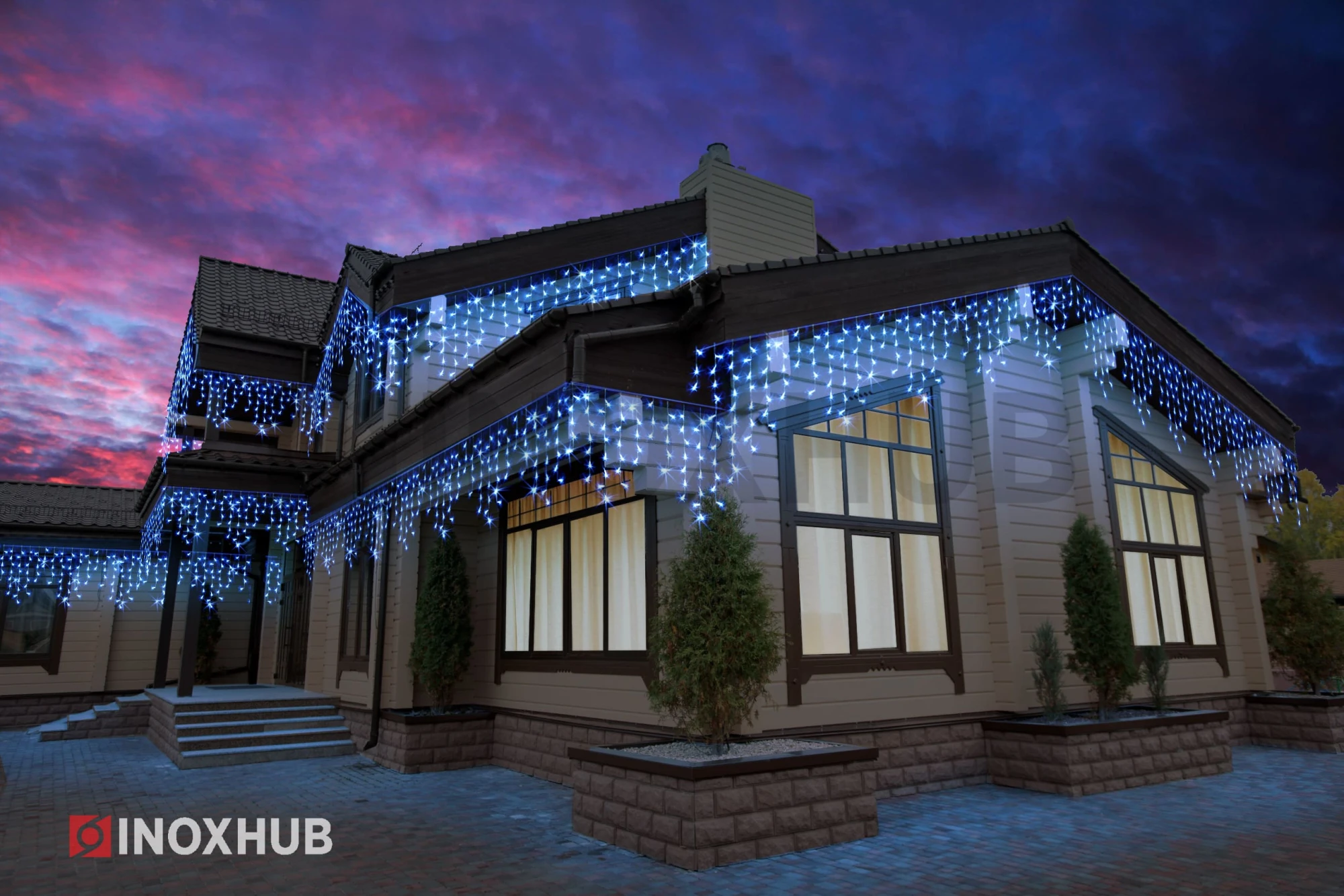 Гирлянда Бахрома INOXHUB 3×0.9м, 144 LED, 220В, IP65, прозрачный провод, СИНЯЯ фото Иноксхаб