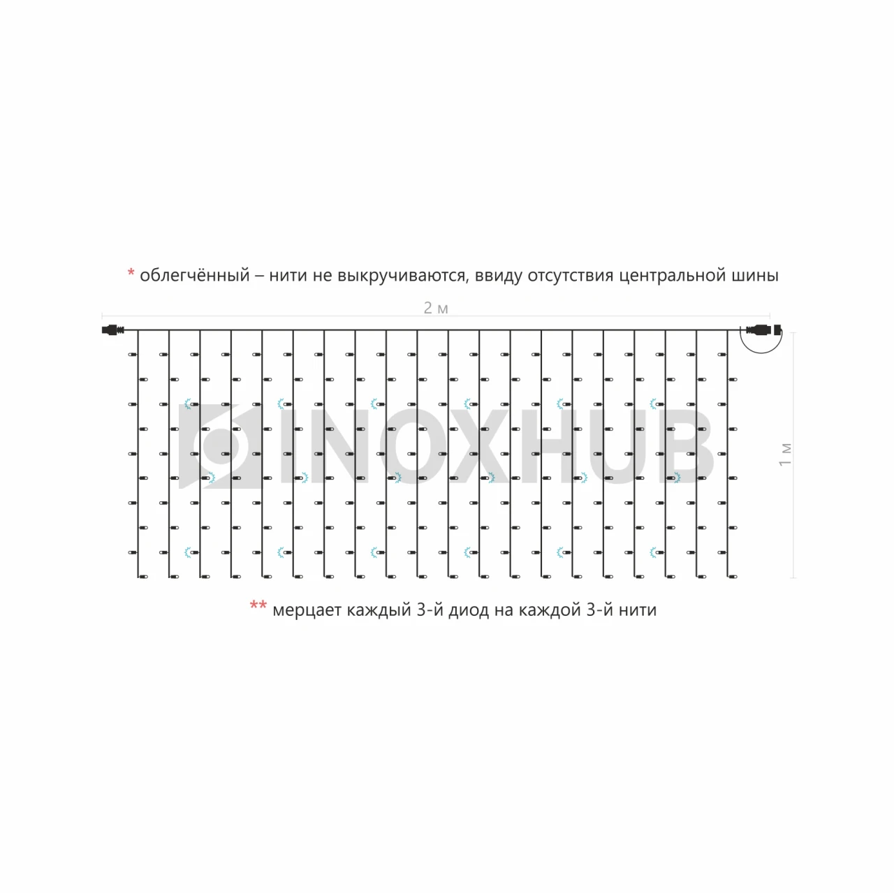 Гирлянда Занавес INOXHUB 2×1м Облегчённый, мерцающий, 200 LED, 220В, IP65, прозрачный провод, ТЁПЛЫЙ БЕЛЫЙ фото Иноксхаб