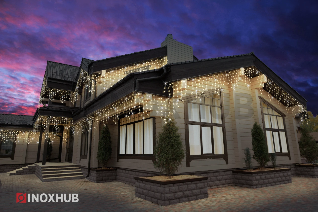 Гирлянда Бахрома INOXHUB 3×0.9м, мерцающая, 144 LED, 220В, IP65, прозрачный провод, ТЁПЛАЯ БЕЛАЯ фото Иноксхаб