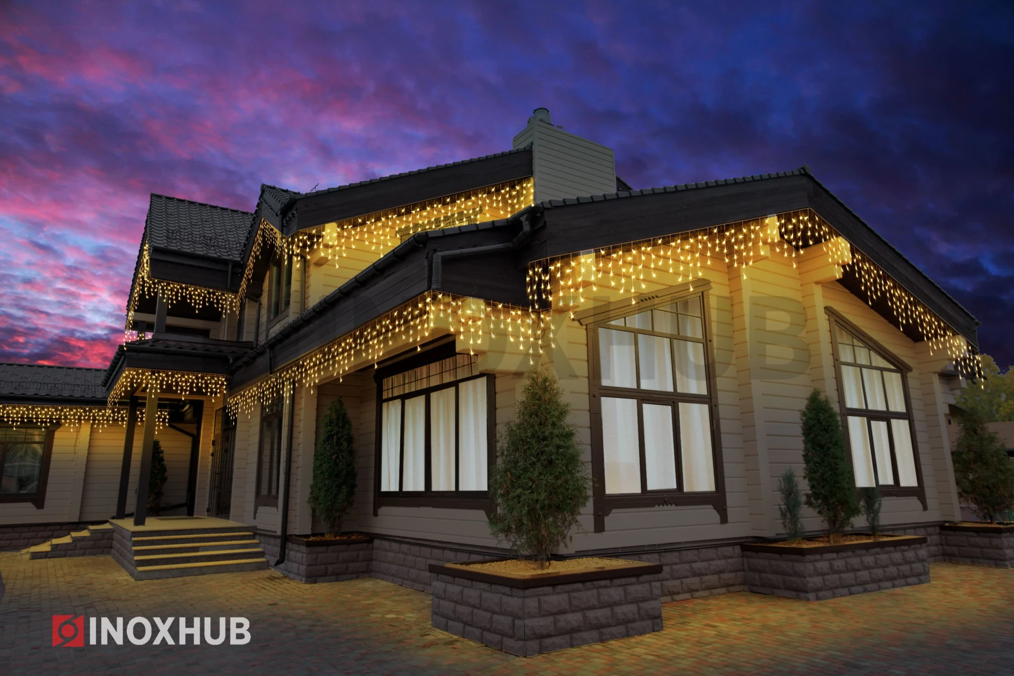 Гирлянда Бахрома INOXHUB 3×0.6м, 108 LED, 220В, IP65, прозрачный провод, ЖЕЛТЫЙ фото Иноксхаб