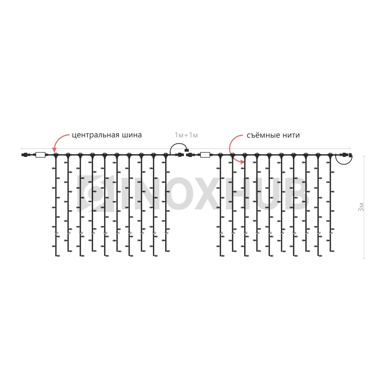 Гирлянда Занавес INOXHUB 2×3м, 600 LED, 220В, IP65, прозрачный провод, ТЕПЛЫЙ БЕЛЫЙ фото Иноксхаб